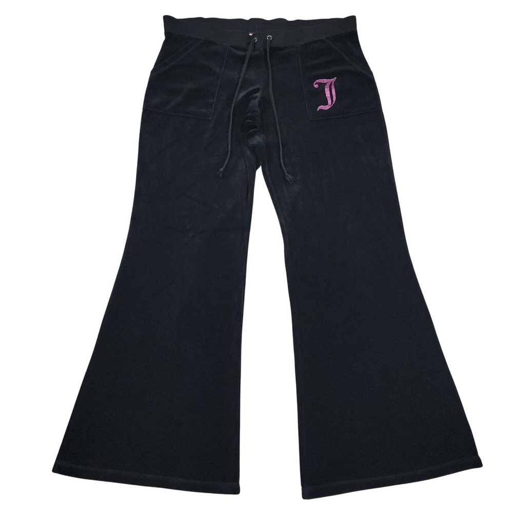 Juicy Couture Velour Flare Pants Womens XL Black Track Pants Y2K Bootcut